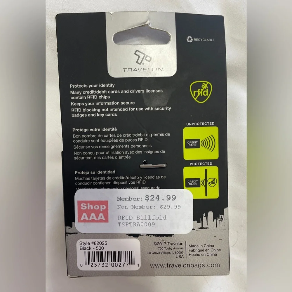 NEW! Travelon Billfold Wallet (Black) RFID-blocking protection